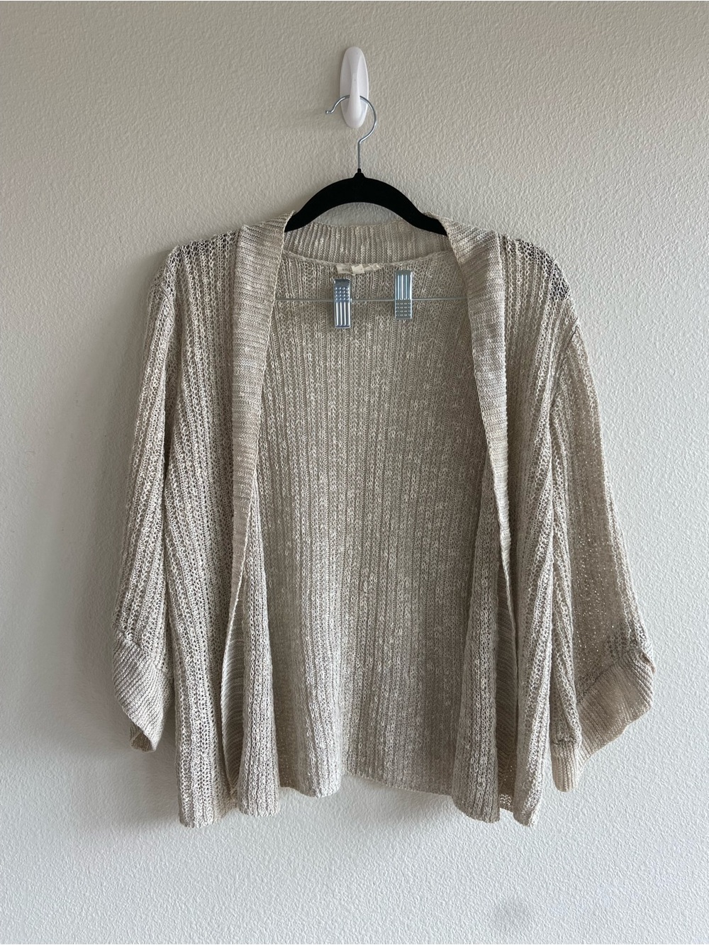 Eileen Fisher Open-Front Cream Knit Cardigan women’s medium linen blend